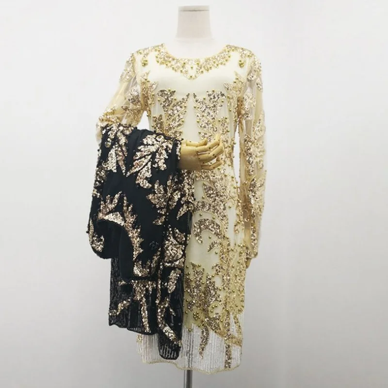 Beading Sequined Lace Dresses Women Fashion O-Neck Long Sleeve Luxury Knee-length Dress 3