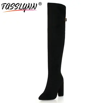 

TASSLYNN 2019 Women Boots Sexy Zipper Square High Heels Over The Knee Boots Elegant Pointed Toe Flock Women Shoes Size 34-43