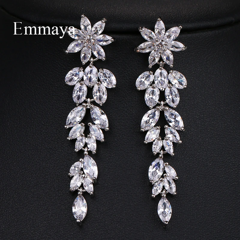 Skup Emmaya moda kobieta kryształowy liść spadek kolczyki 3 kolory cyrkon kolczyki boho weselny biżuteria długie zwisające kolczyki dangle