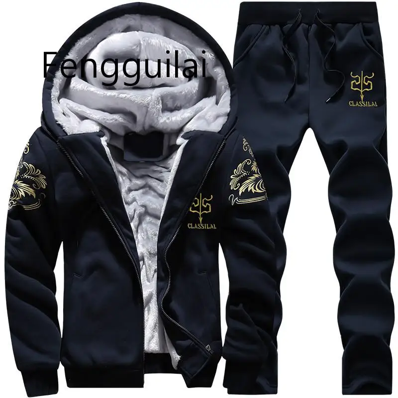

Sporting Suit Men Winter Track Suits Sets Men's Warm Hooded Sportswear Fleece Lined Thick Tracksuit 2PCS Jacket+Pants Set Male