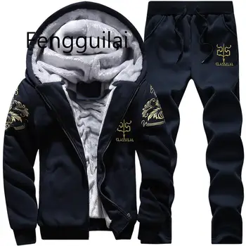 

Sporting Suit Men Winter Track Suits Sets Men's Warm Hooded Sportswear Fleece Lined Thick Tracksuit 2PCS Jacket+Pants Set Male