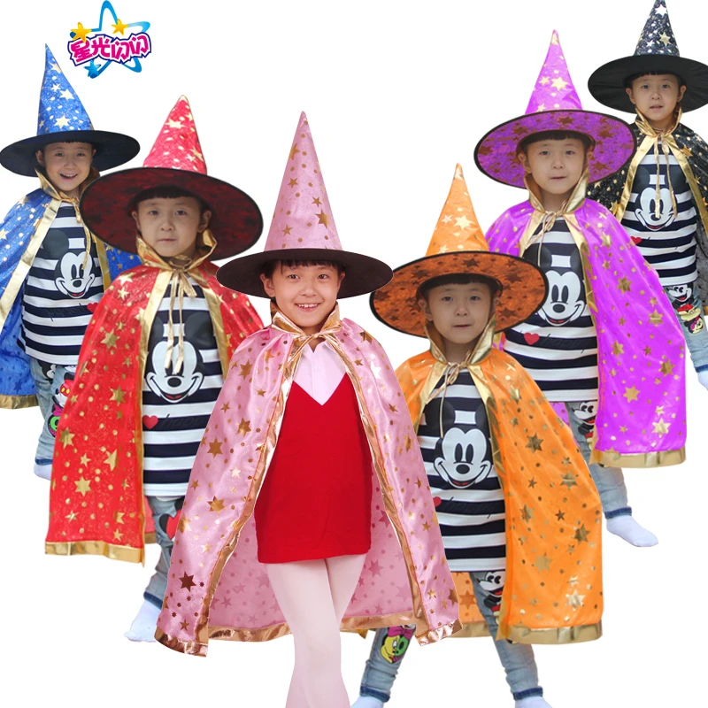 

NoEnNameFree shipping Children Christmas Costumes Witch Wizard Cloak Cosplay with Hat Cap New Year Halloween Fancy dress stars 8