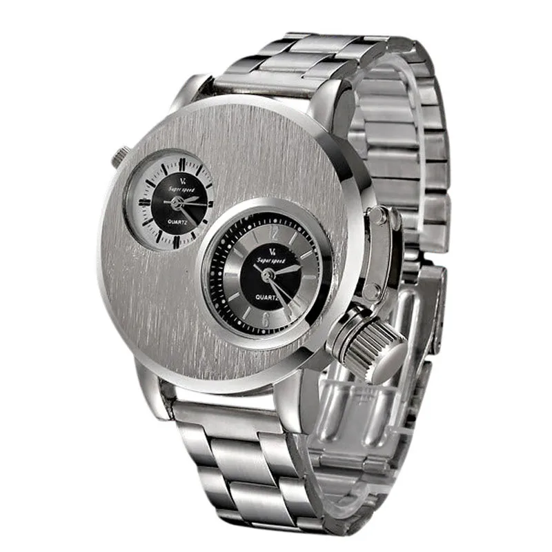 Luxury Brand Stainless Steel Watch Men Two Zone Display Analog Quartz Watch Date Military Sport Wrist