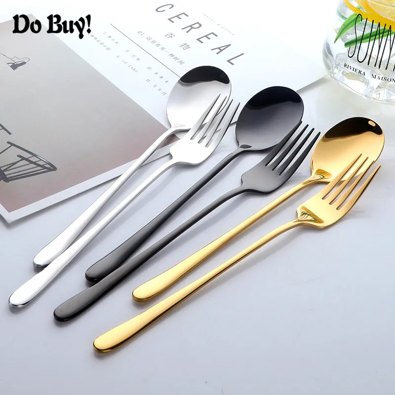 

2 Pcs Korean Soup Spoon Fork Set 18/10 Stainless Steel Gold Dinner Spoon Blue Long Handle Black Flateware Sets