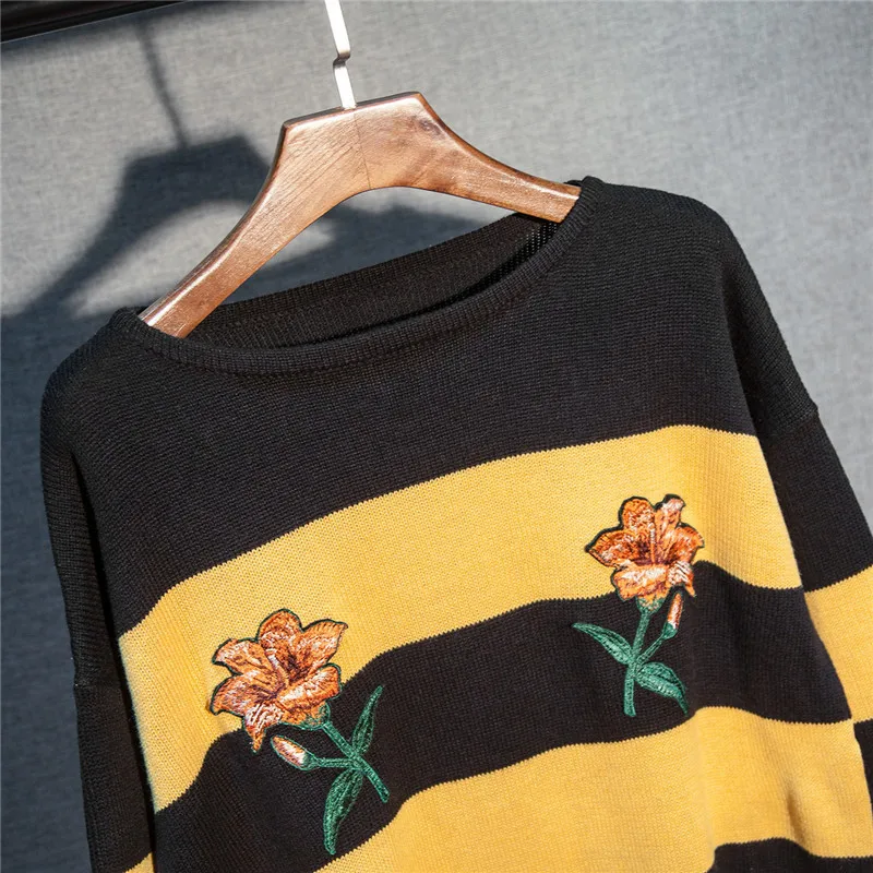Новая мода женский осенне-зимний свитер с цветочной вышивкой пуловеры повседневные теплые женские трикотажные свитера пуловеры Леди