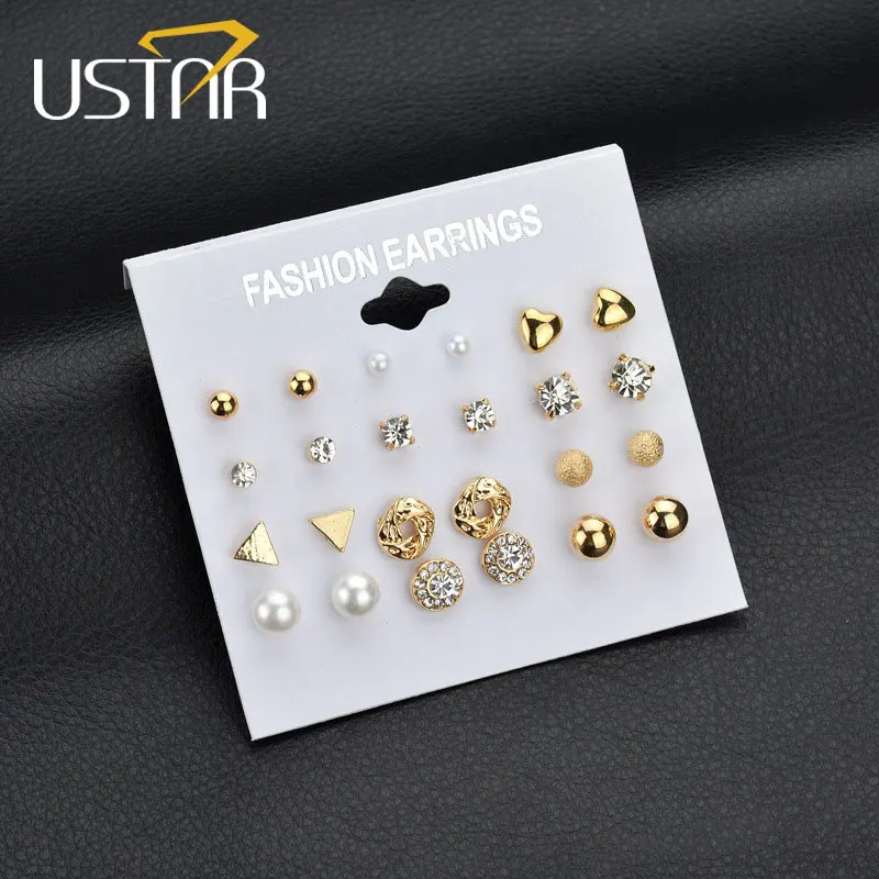 

USTAR 12pcs/set Geometric Stud Earrings set for Women Round Triangle Heart Fashion Jewelry Earrings female party gift Brincos