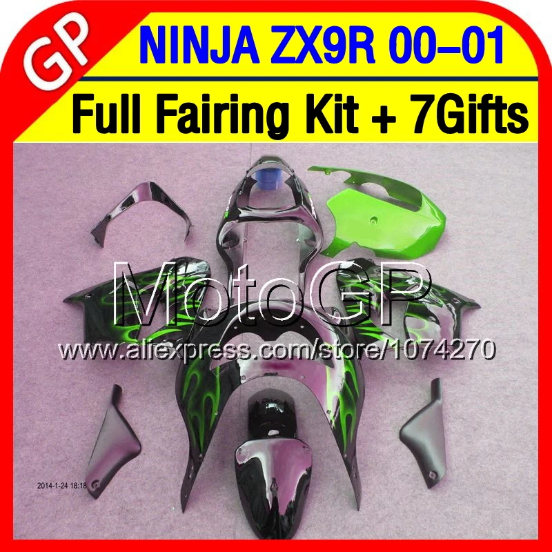 7 подарки + Кузов Для KAWASAKI NINJA ZX-9R ZX9R 00-01 ZX 9R 9 R Зеленый пламя P17190 ZX9 00 01 2000 2001 Fairing