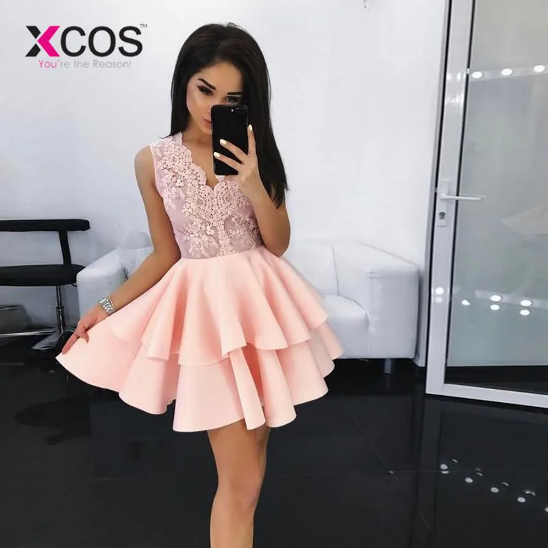 XCOS шикарные кружевные атласные платья с v-образным вырезом и оборками 8 класс выпускные платья vestidos de graduacion короткое платье для выпускного вечера платья для выпускного вечера - Цвет: Розовый