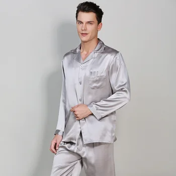 

19MU 100% Pure Men's Pajamas Suits Long Top and Pant Silk Pajama Sets Plus Size 3XL Pijama Home Suit Real Silk Pajama Sleepwear