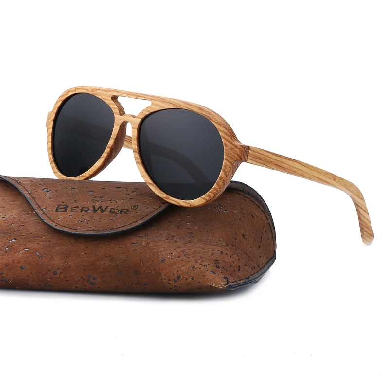

BerWer 2019 Zebra wood Sunglasses Wood Polarized Sunglasses Women UV400 Protection Eyewear with Cork Box