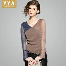 Новая осенняя одежда для женщин, сексуальная женская футболка с v-образным вырезом, элегантная, подходящая, цветная, облегающая женская футболка, плюс размер