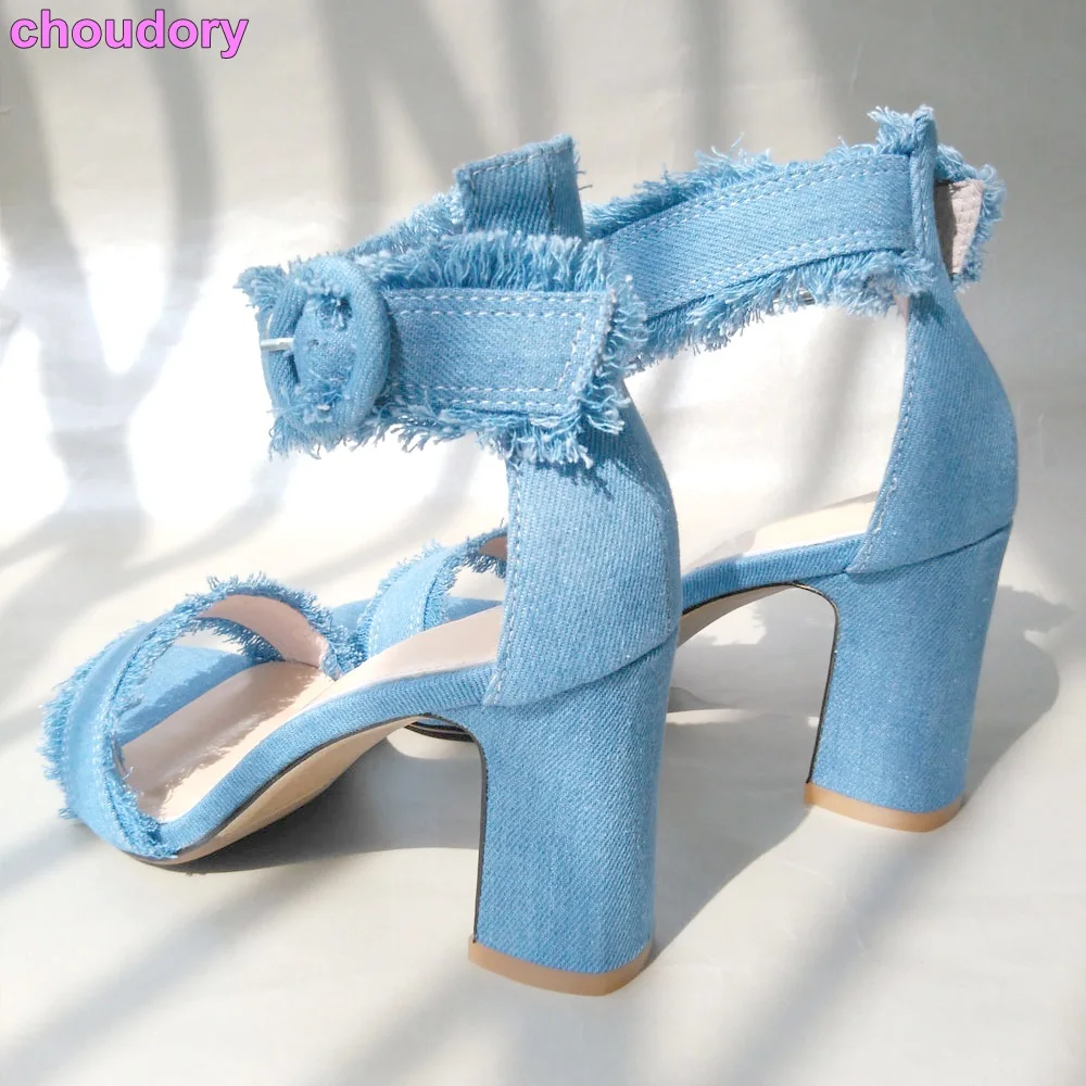 denim high heel sandals