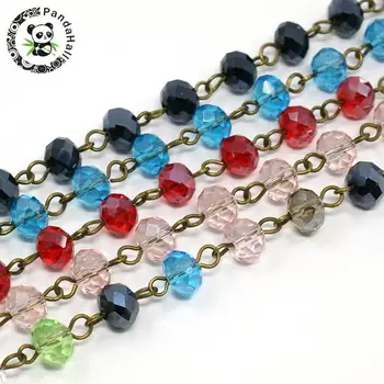 

Handmade Glass Faceted Abacus Beads Chains,with Glass Faceted Abacus Beads and Iron Eyepins, Antique Bronze, Mixed Color,