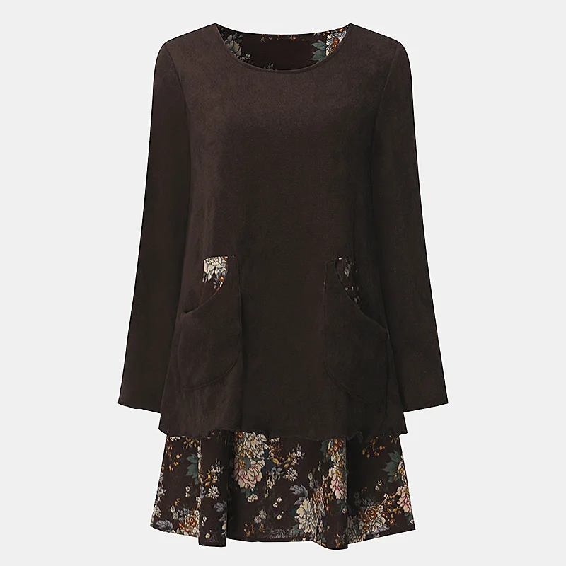 ZANZEA размера плюс зимнее платье женское винтажное платье с цветочным принтом осеннее повседневное свободное мини платье с карманами и длинным рукавом 4XL - Цвет: Coffee