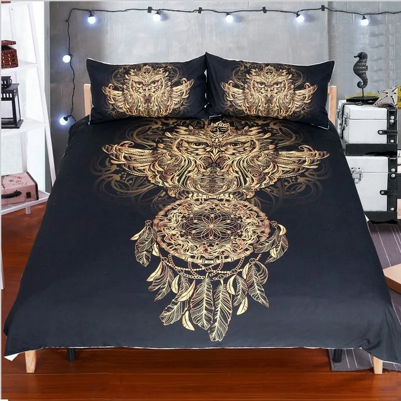 

Fanaijia Golden Owl Bedding Set King Size Boys Luxury Dreamcatcher Print Black 3d Duvet Animal Feather Bohemian Bed Cover