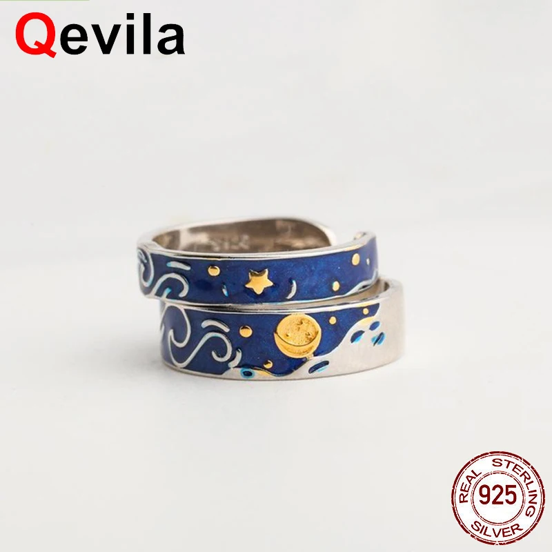 

Qevila Hot Sale 925 Silver Ring Jewelry Van Gogh Rings Starry Sky Moon Adjustable Ring For Women Lover Men Ring Romantic Gifts
