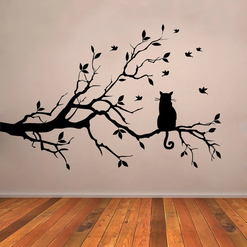 JJRUI Cat On Long Tree Branch Wall Sticker Animals Cats Vinyl Modern Decor Walls Art Stickers Decal Living Kids Room | Дом и сад