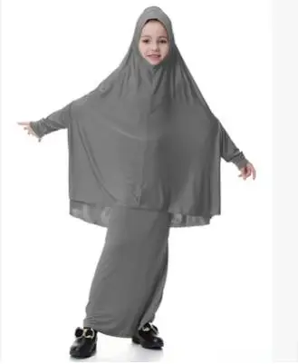 Новинка; мусульманское платье для детей; костюм для девочек; Малайзия; Абая; Дубай; Саудовская Бурка; хиджаб+ абаи; Исламская одежда для девочек - Цвет: gray