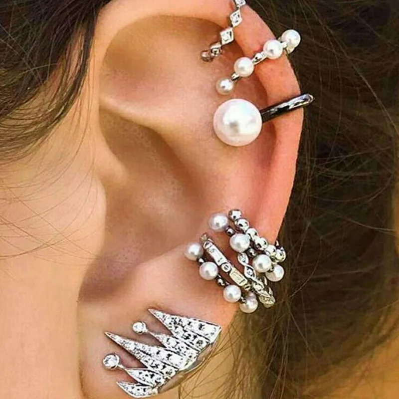 

9 PCS/set Boho Ear Cuff Brincos Simulated Pearl Ear Clip Earrings Set Women Statement Bohemia Crystal Earrings Jewelry 1E629