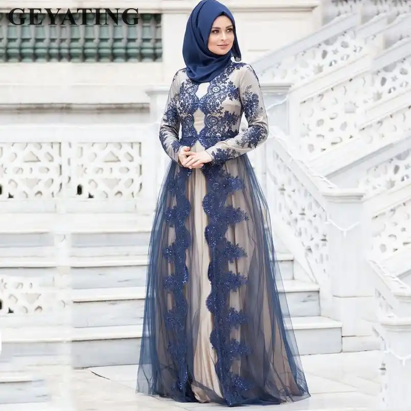 Navy Blue Lace Long Sleeve Muslim Evening Dress With Hijab 2020 Arabic Kaftan Dubai Prom Dresses Elegant Long Formal Party Gowns Aliexpress