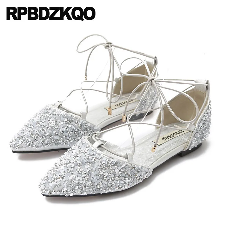 

Large Size Glitter China Silver Women Lace Up Pointed Toe Black Chinese Autumn Spring Bling Sequins Single Shoes Sandals Wedding