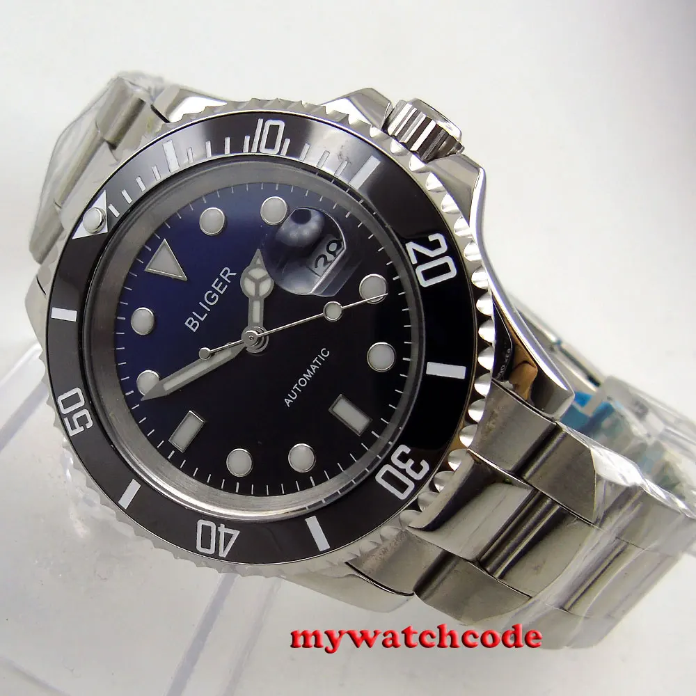 40mm Bliger Blue Black Dial Sapphire Crystal NH35A MIYOTA 8215 Automatic Movement Mens Watch Oyster Strap With Polished Center | Наручные