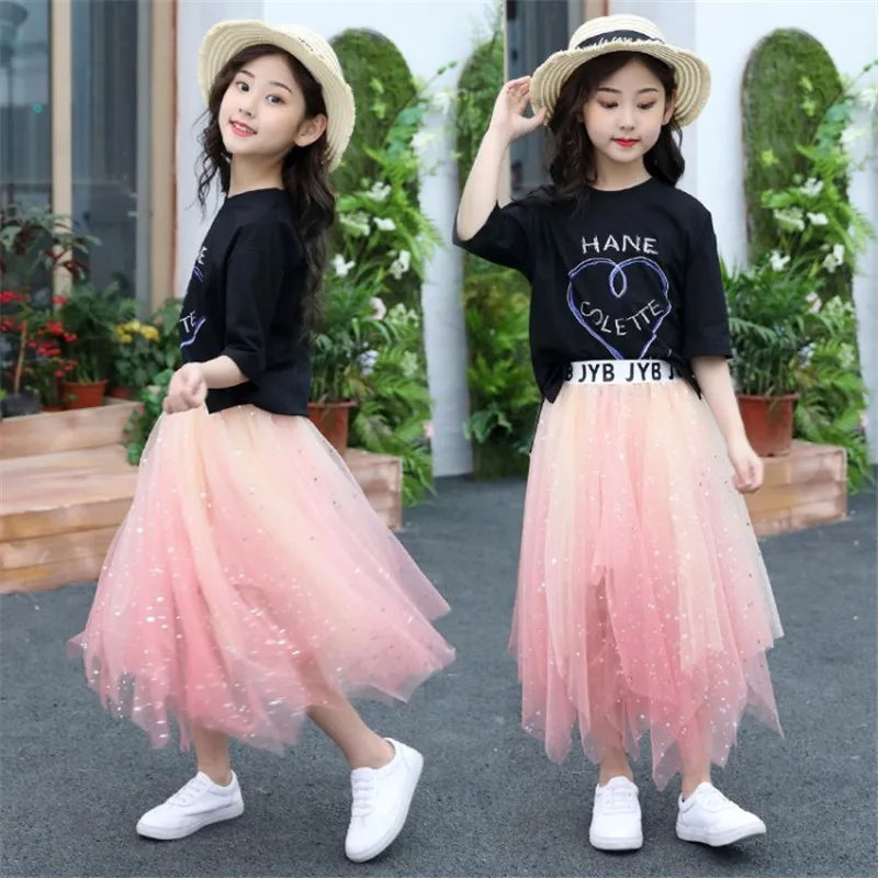 

Kids Clothing Set Teen Girls Clothes Children Costume Summer T shirt Gradient Mesh Sequin Skirt Suit for Girls Outfits 12 Year