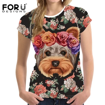 

FORUDESIGNS Floral Yorkie Terrier Print Short Tee Shirt Comfortable O-neck T Shirt for Women Female Fashion Brand Clothes Shirt