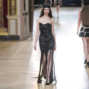 

Fashion Black Long Lace Celebrity Evening Party Dress High Quality Women Strapless Bodycon Maxi Bandage Dress Vestidos Wholesale