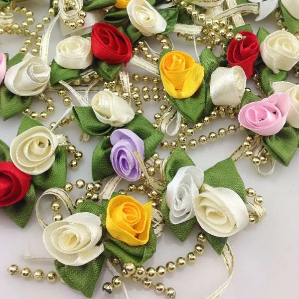

20pcs New Ribbon Flowers Bow W/ Rose Bead Leaf Wedding Decor Appliques B244