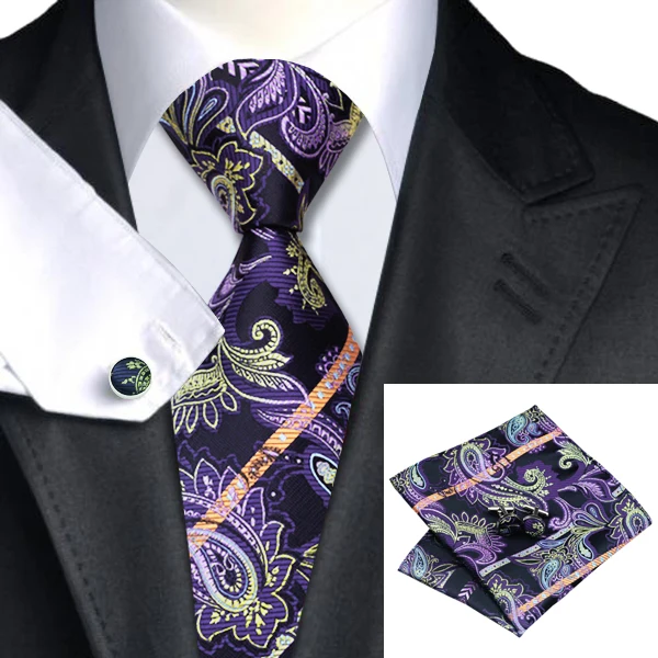 C 573 Mens Tie Purple Yellowgreen Paisley Silk Jacquard Ties For Men Hanky Cufflink Set Business