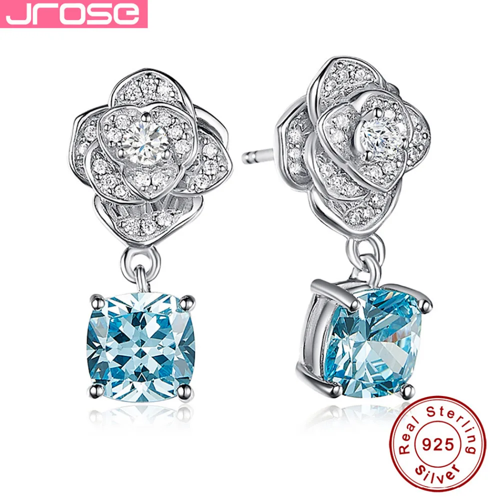 

Jrose 7*7mm Cushion Cut 4.6ct Flower London Blue CZ Earring Real Pure 100% 925 Sterling Silver earring for Women Vintage Selling