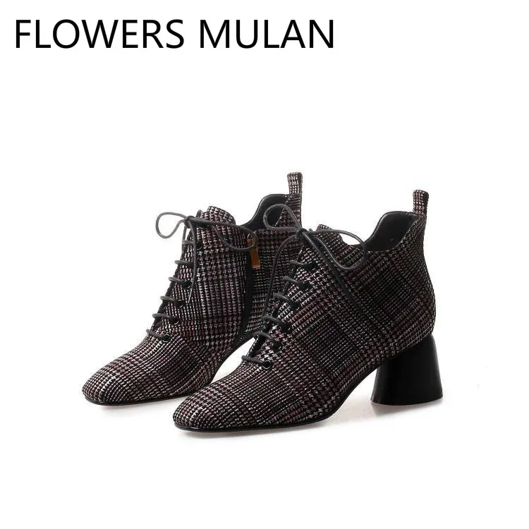 

Fashion Mixed Color Plaid Cloth Ankle Boots For Women Chic Square Toe Middle Round Heel Winter Shoes Woman T-tied Zapatos Mujer
