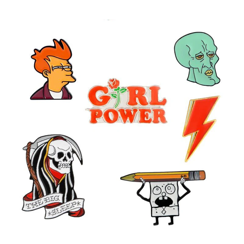 

Cartoon Character Squidward Girl Power Death Skull Lightning Futurama Philip J. Fry Brooches and Pins Pin Badges Lapel Pin Gift