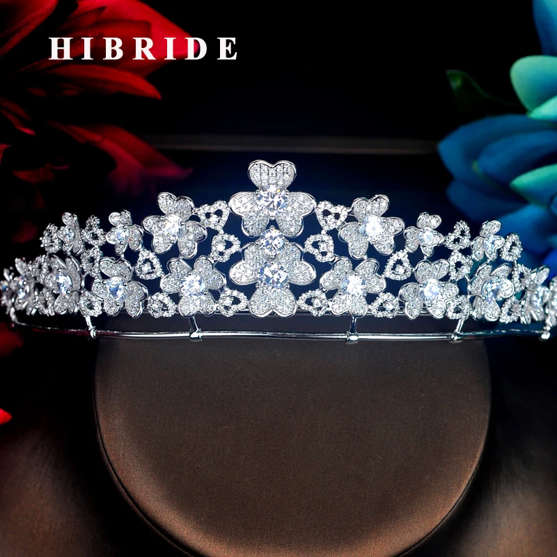 

HIBRIDE Sparkilng Full Cubic Zircon Ribbon Bridal Headband Crown Hair Accessories Elegant Flower Design Women Tiara Jewelry C76