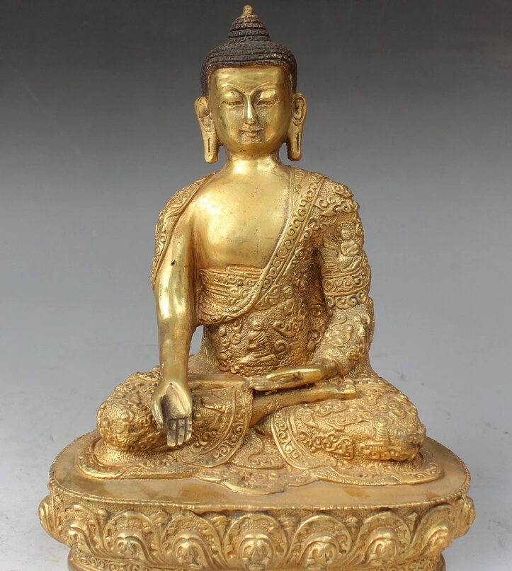 

song voge gem S0049 8" Tibetan Buddhism Bronze Gold Gilt Lotus Shakyamuni Sakyamuni Buddha Statue