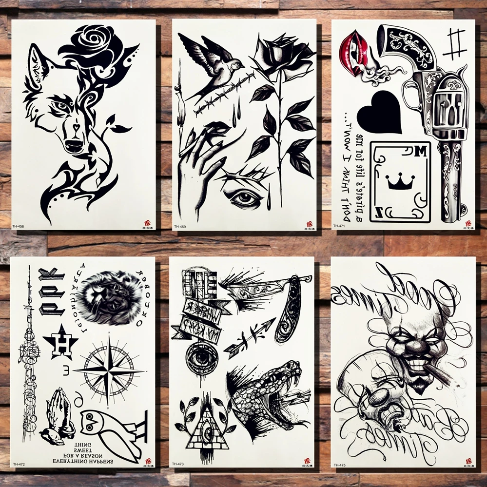 

FANRUI Wolf Rose Smoke Sexy Lip Temporary Tattoo Sticker Triangle Gun Clown Mask Love Fake Tattoos Body Art Arm Black Tat