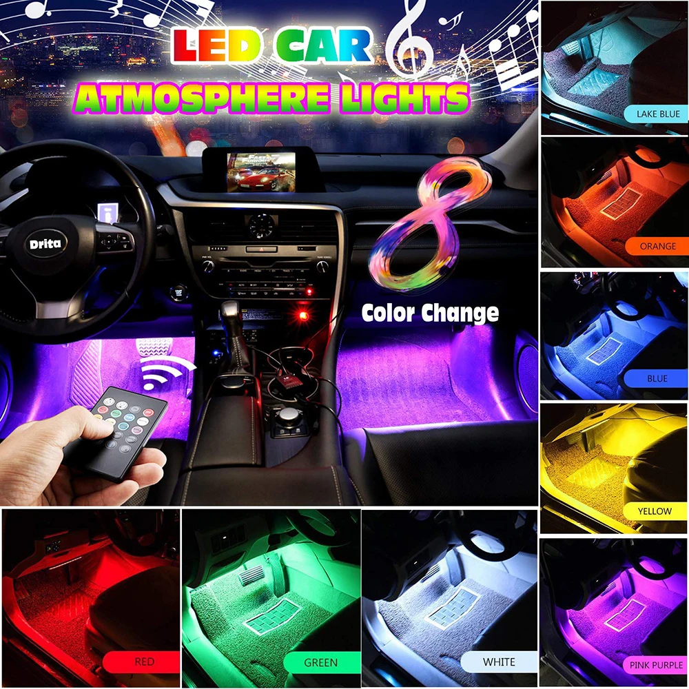 4 шт автомобилей RGB Светодиодные ленты 5050 светло светодиодный свет 8 цветов стайлинга автомобилей декоративная лампа салона стопы света с дистанционным