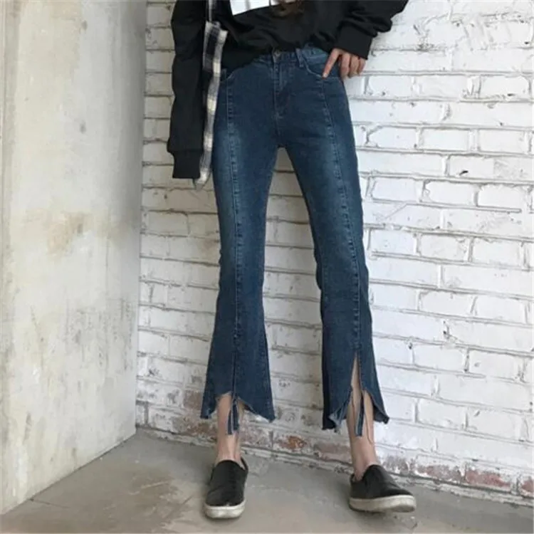 

Spring 2017 Women Jeans Korean Fashion Nine Length Flare Pants Trousers High Wasit Split Baggy Jeans Femme