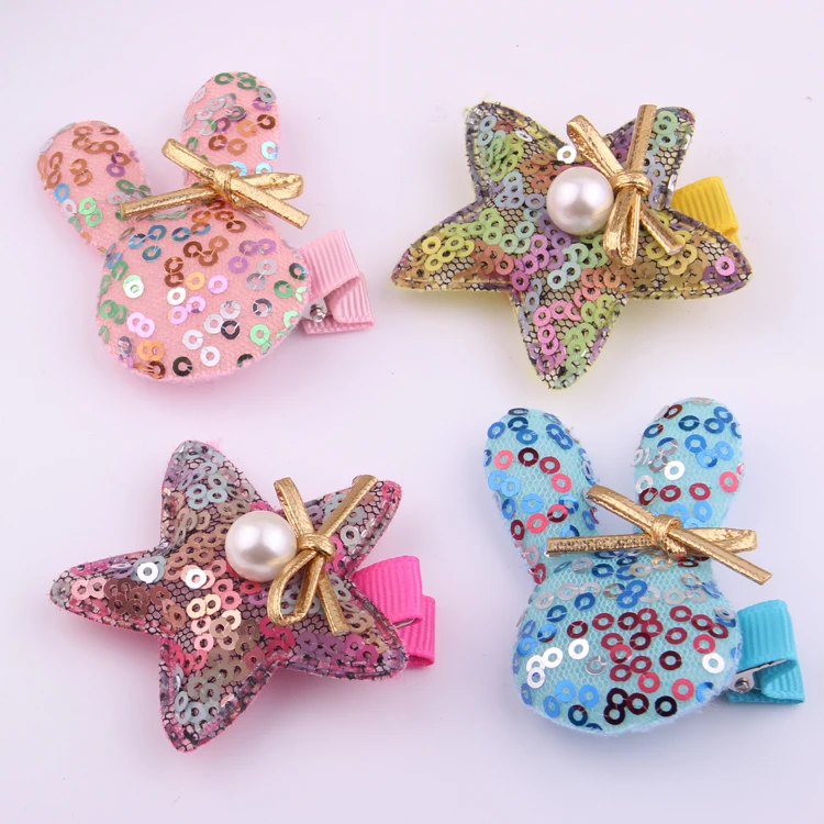

2017 Fashion New arrivals Cartoon alligator hair clips cute brilliant sequins star barrettes fabric Rabbit hairpins