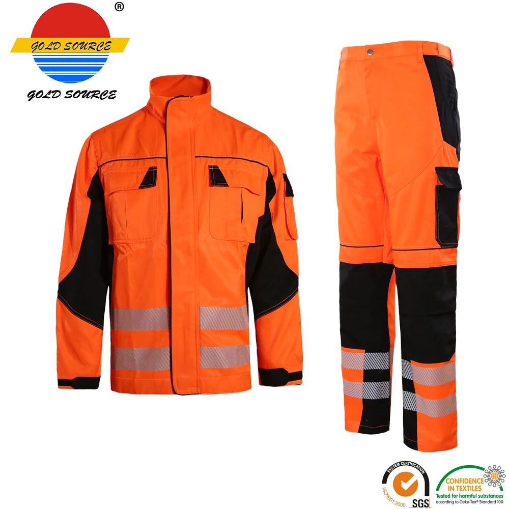 Durable Orange Work Jacket Pants Reinforced Oxford Knees Hi Vis