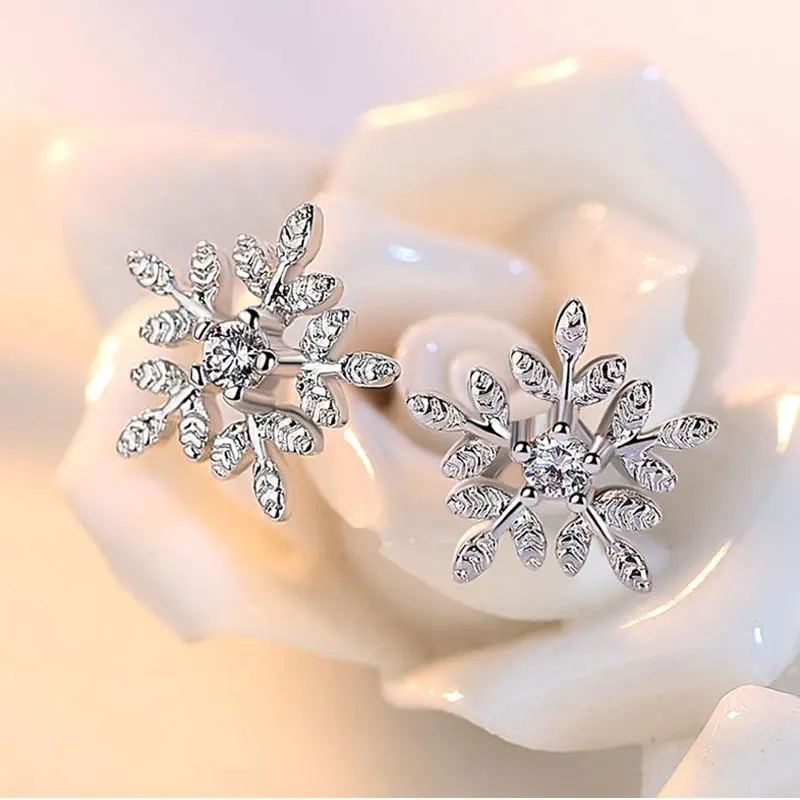Anenjery 925 пробы серебряные серьги-гвоздики со снежинками, цирконием и кристаллами для женщин, цветы, листья, украшения для ушей, серьги oorbellen
