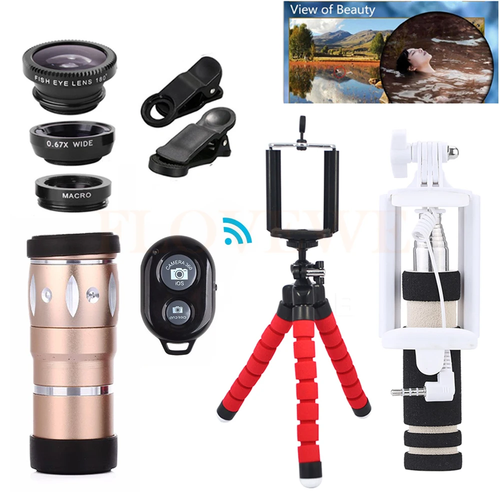 

2017 12in1 Phone Camera lens Kit Telescope 10X Zoom Telephoto Lenses Fisheye Wide Angle Macro Lens Tripod Clips For Cell Phone