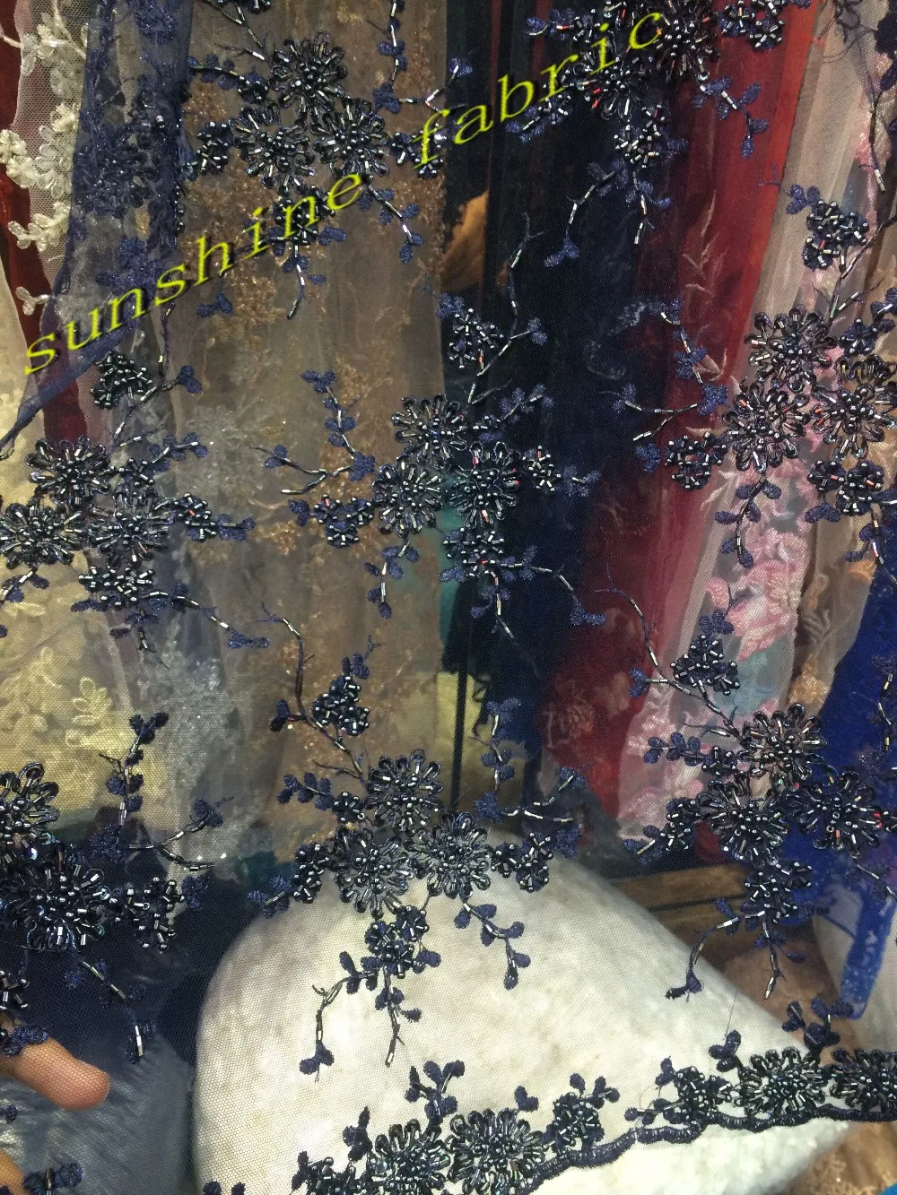 

beaded African Lace Fabric High Quality African Cord Lace Fabric with beads For Wedding Dress