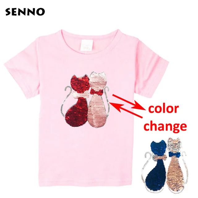 Double Sided Sequin Flash Glitter T-Shirts For Girls Sequins T Shirt Girls Cartoon Cat Kids Tshirt Summer Teen Clothes For Girls Pink