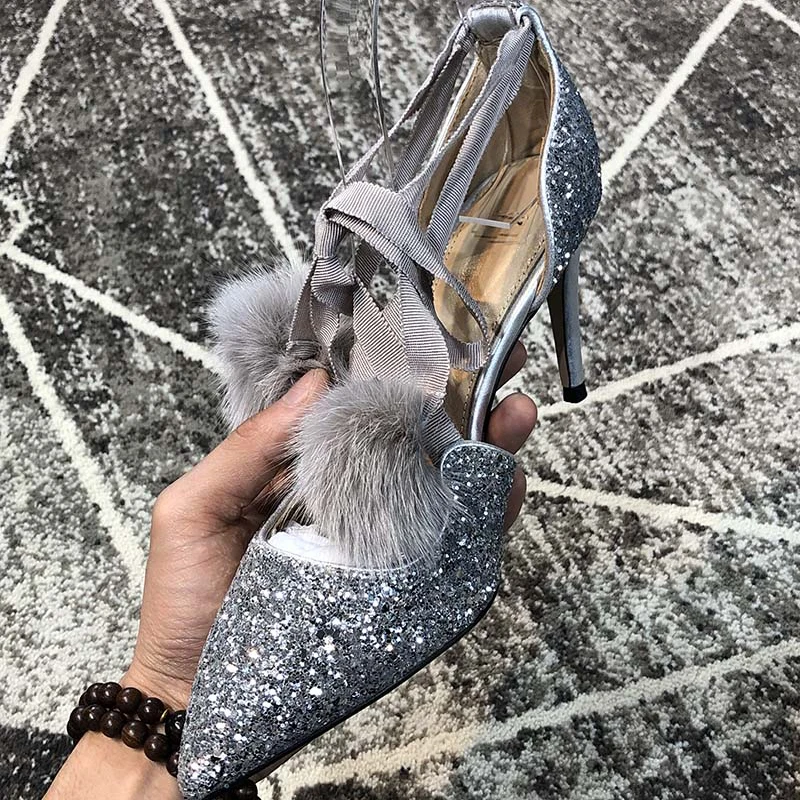 

Kmeioo 2019 Elegant Women Shoes Pointed Toe Wedding Pumps Bling High Heels Lace-up Sandals Evening Sandals For W