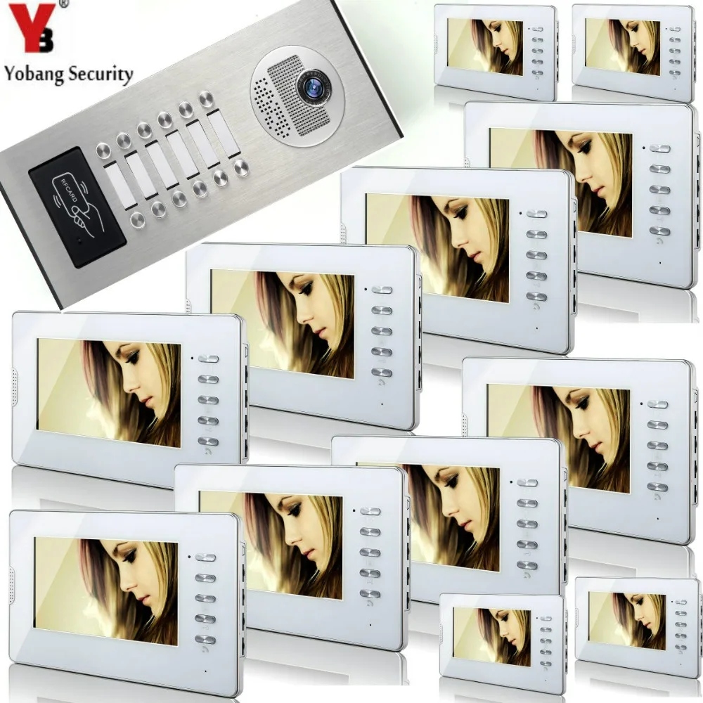 cheap YobangSecurity 7 Inch Wired Video Doorbell Door Chime,Waterproof Door Phone With RFID Access IR Camera For 12 Unit Apartment