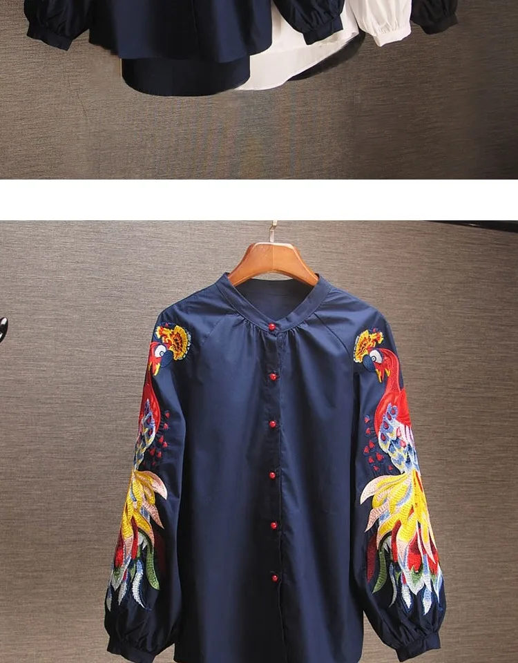 Spring and Summer Cotton Causal Shirts Embroidered Long-sleeved Shirts Woman Full Button Print O-Neck lantern Sleeve Tops