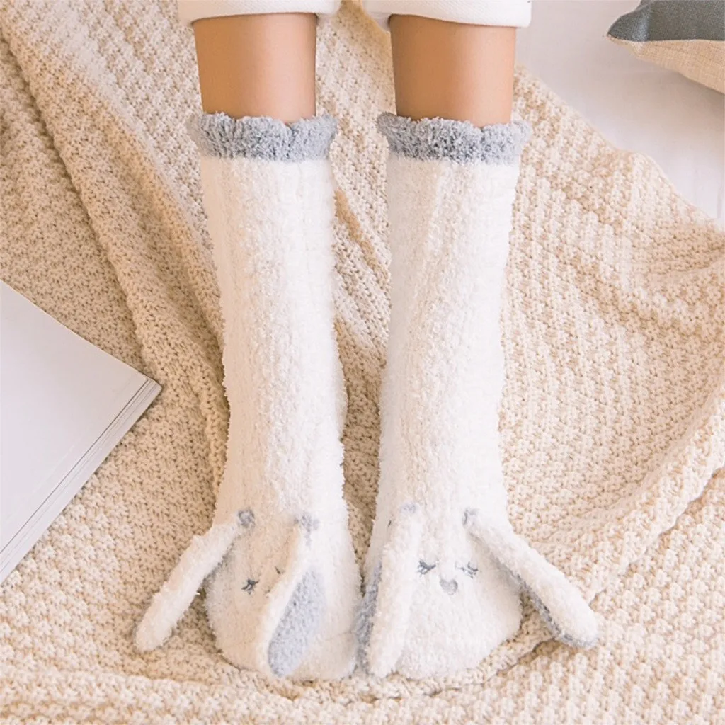 JAYCOSIN новые зимние Мультяшные теплые носки для сна Kawaii с заячьими ушками полотенце носки-тапочки коралловые бархатные утолщение 9031514 - Цвет: A