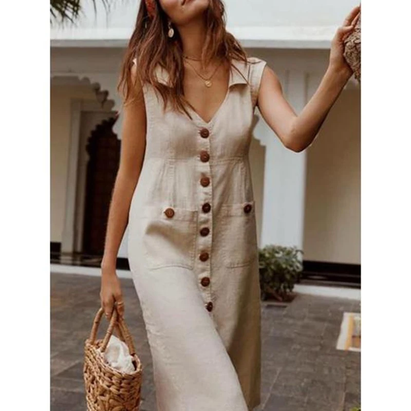 

MONERFFI 2019 Summer Cotton Linen Sleeveless Dress Solid V-Neck Loose Button Women Dress Casual Plus Size Vestidos Dropshipping